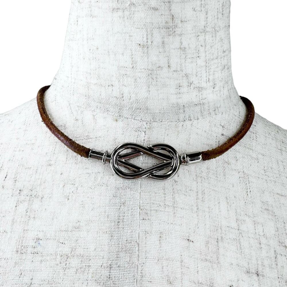 HERMES Atame Choker Necklace, Leather and Metal Plated, Brown, Women's
